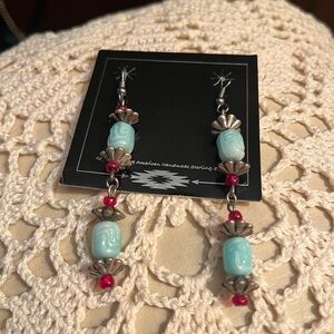 VTG Sterling Silver Southwestern Style Turquoise Glass Drop Earrings 3”
